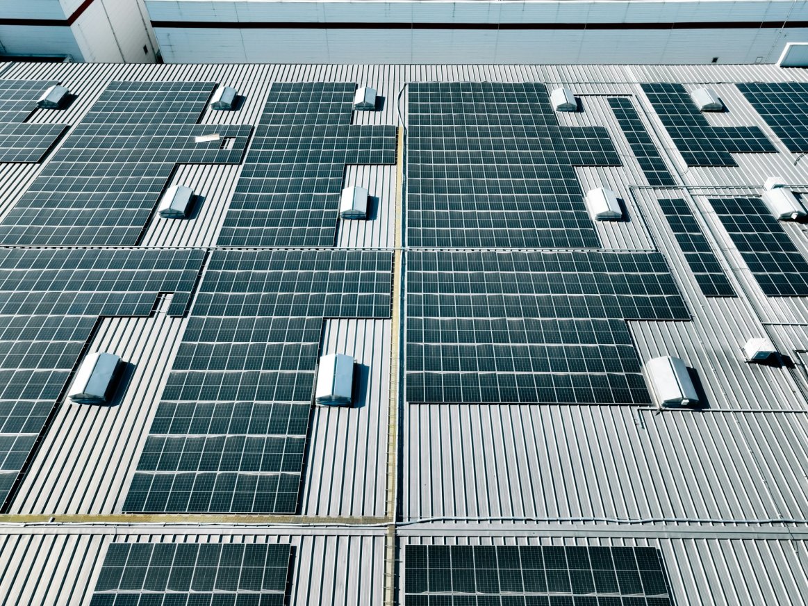 Commercial Solar rooftop installation bird's eye view.