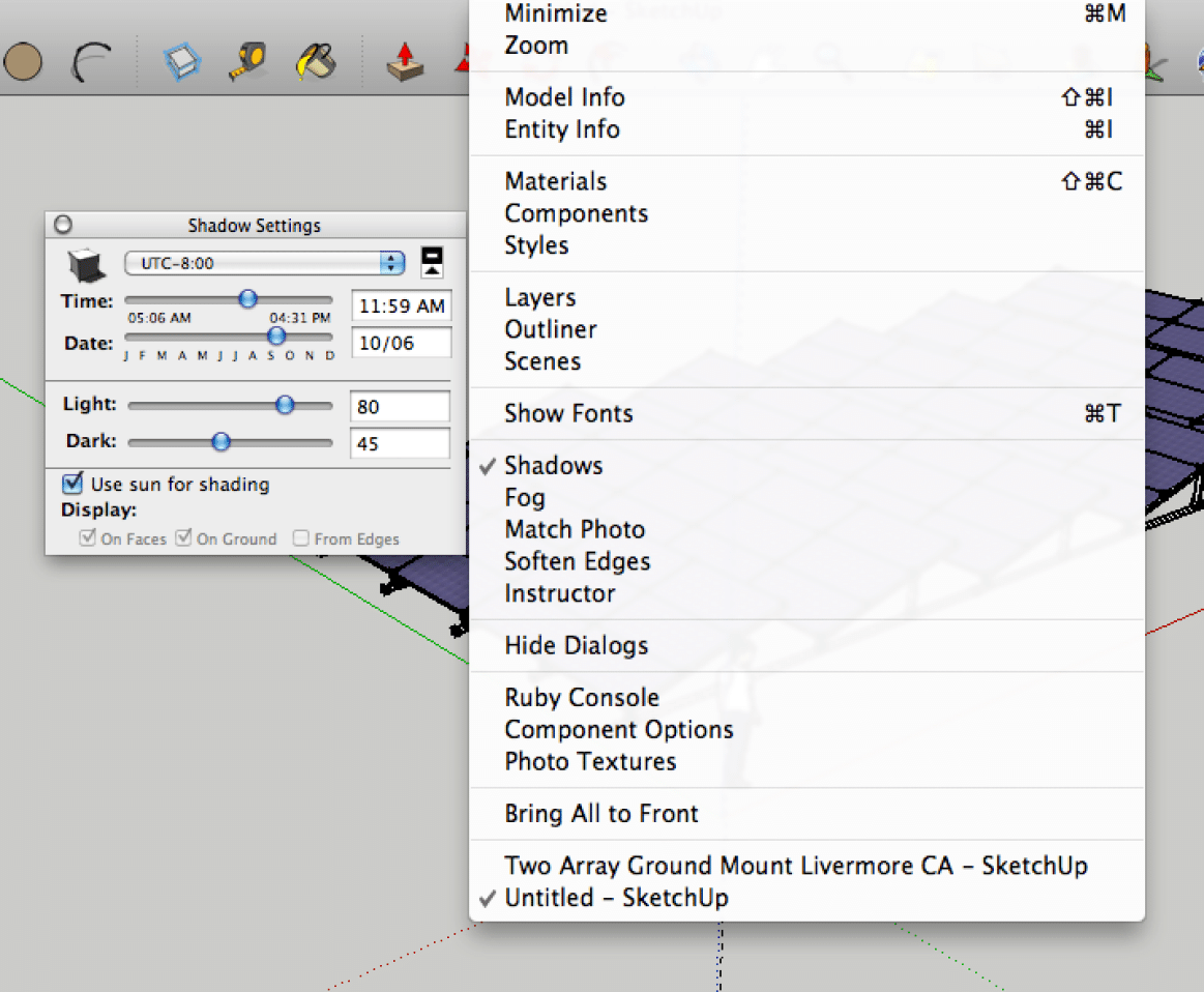 Using Google Sketchup to Visualize Array Shading Sketchup shadows tool for PV array shading