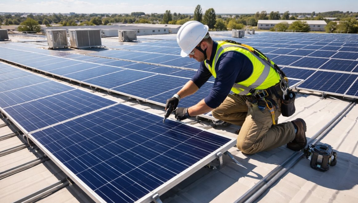 Commercial solar installer working on rooftop project.