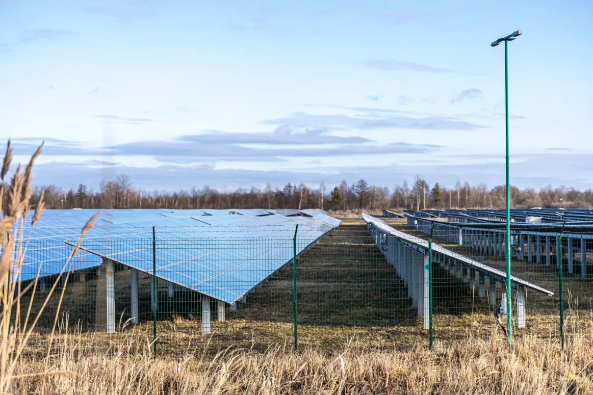 Electrical farm with ground mount solar array installation. 