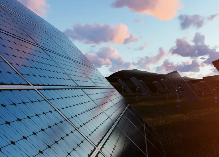 Solar panel field during sunset