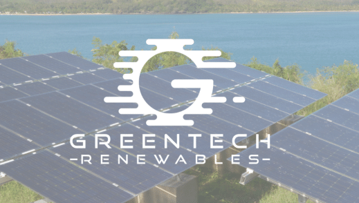 Greentech logo over solar panels in the islands 