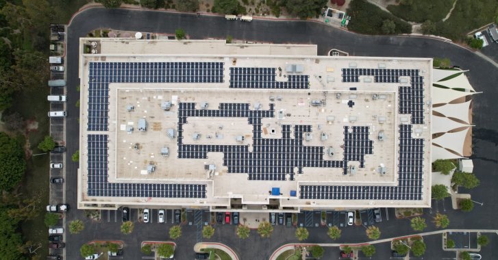 Bird's eye view of commercial DC solar installation in Orange County.