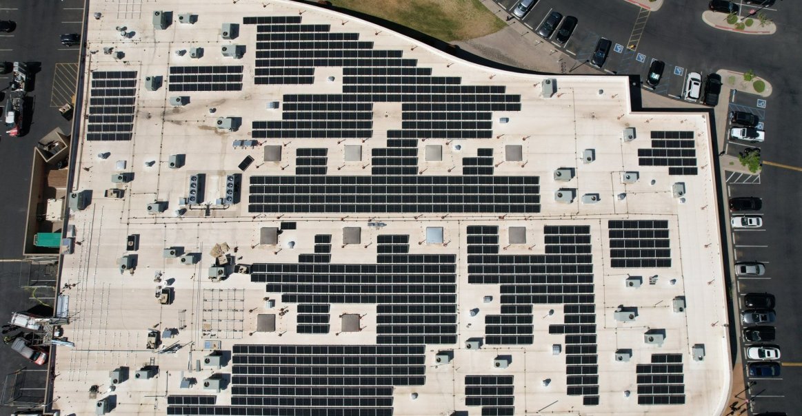 Bird's eye view of commercial rooftop installation at T-Mobile call center in Albuquerque.