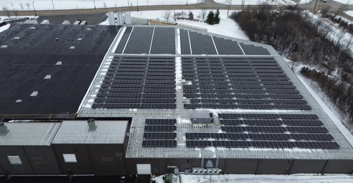 Overhead view of commercial solar installation in Rockford, IL