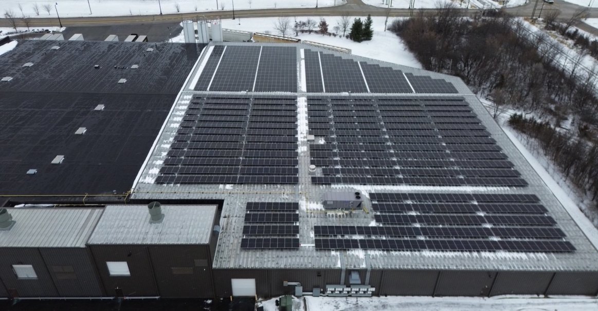 Overhead view of commercial solar installation in Rockford, IL