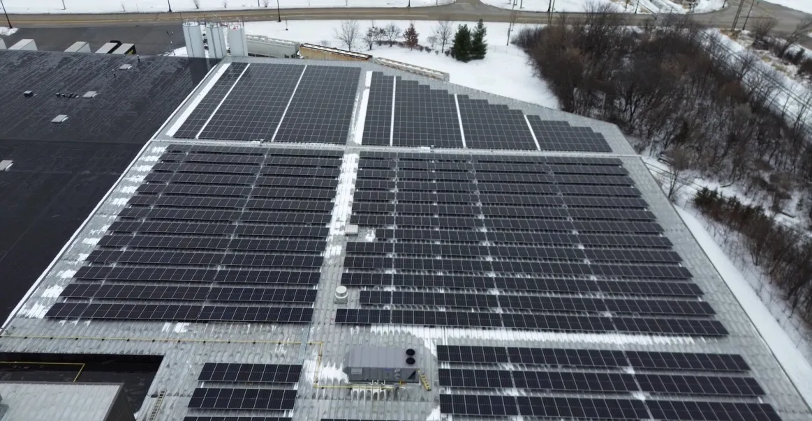 Overhead view of commercial solar installation in Rockford, IL