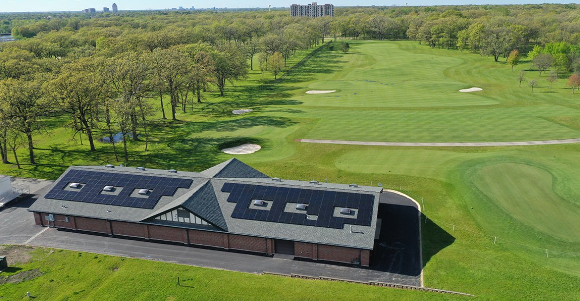 Jinko Photo Contest Commercial Winner Jinko Modules on Golf Course Roof