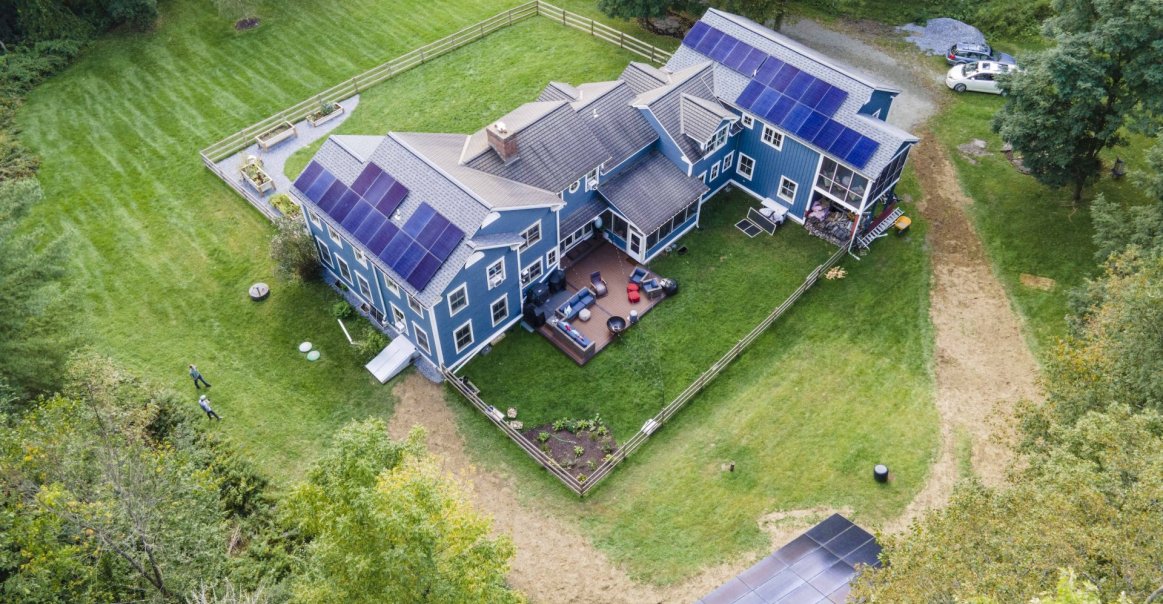 22.2kW Residential Install in North Bennington, VT Bird's eye view of full residential solar system in Vermont.