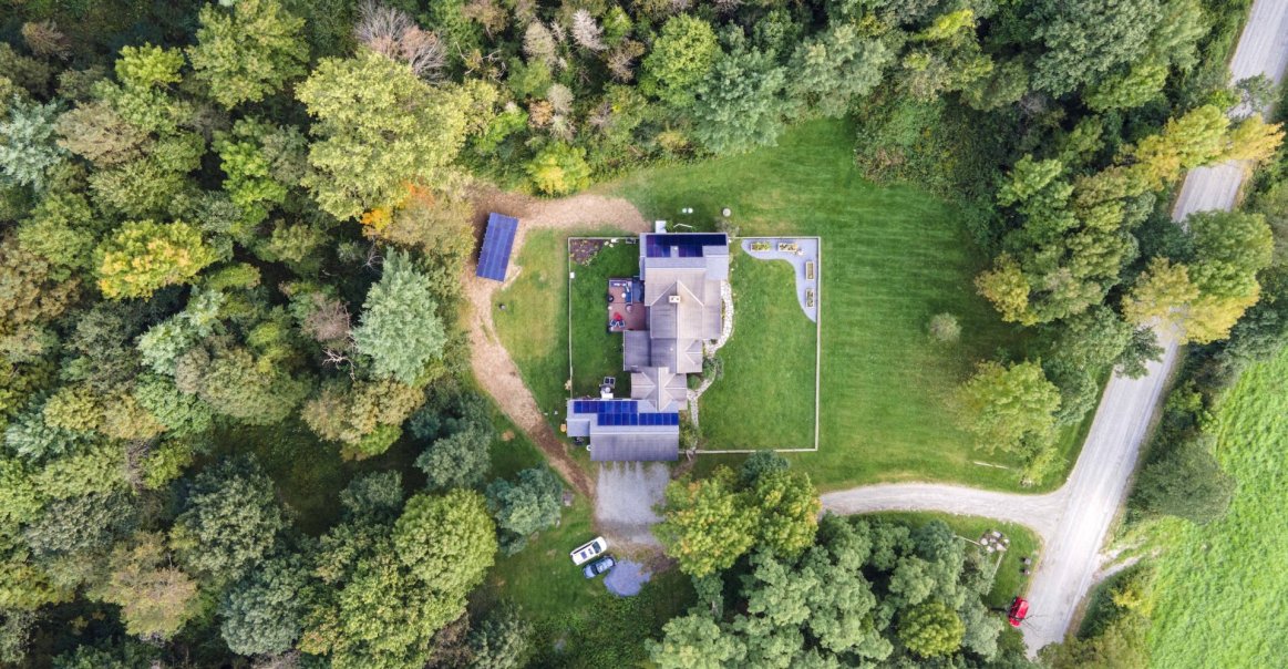 22.2kW Residential Install in North Bennington, VT Bird's eye view of full residential solar system in Vermont.