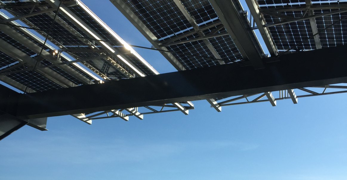 Bottom-up view of the Sunpreme modules Sunpreme bifacial modules from below