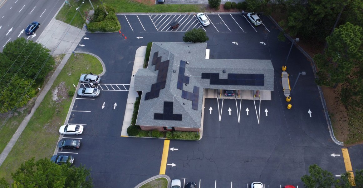 Bird's eye view of commercial solar array from the rooftop in NC.