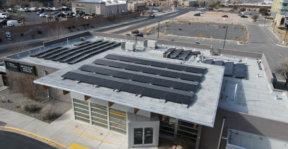 Angled view of medical facility commercial solar installation in Albuquerque.