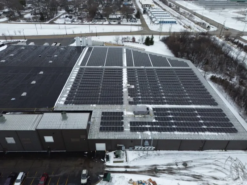 Overhead view of commercial solar installation in Rockford, IL