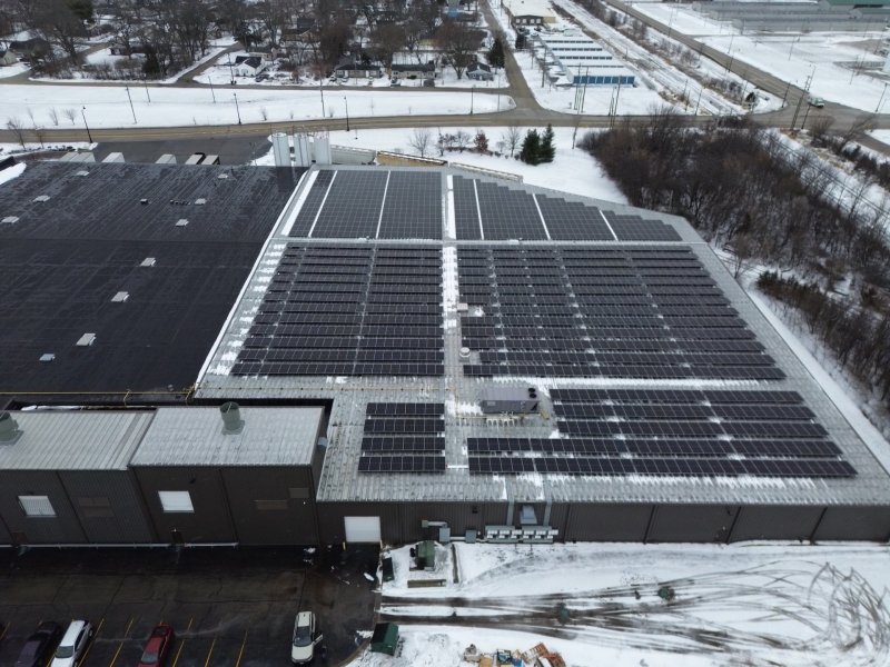 Overhead view of commercial solar installation in Rockford, IL