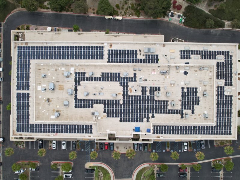 Bird's eye view of commercial DC solar installation in Orange County.