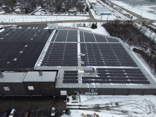 Overhead view of commercial solar installation in Rockford, IL