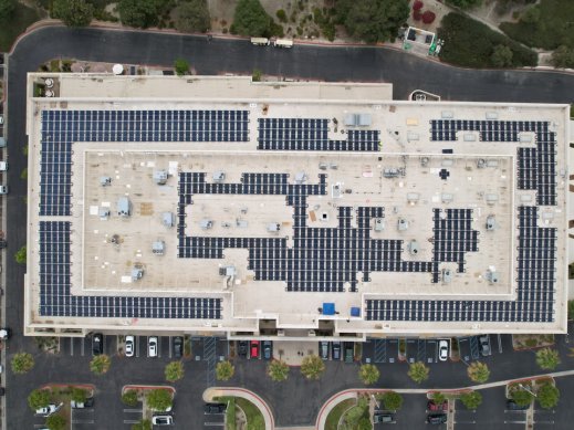 Bird's eye view of commercial DC solar installation in Orange County. Bird's eye view of commercial DC solar installation in Orange County.