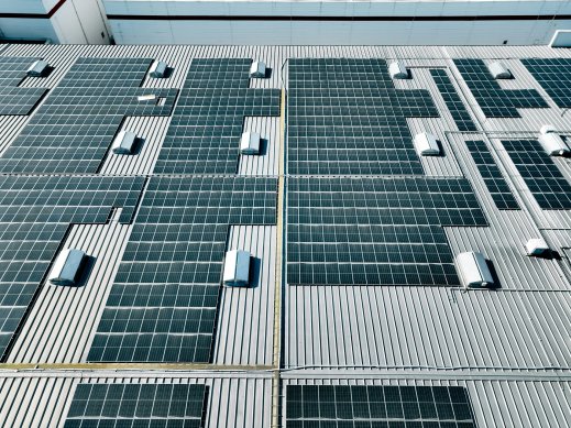Commercial Solar rooftop installation bird's eye view.