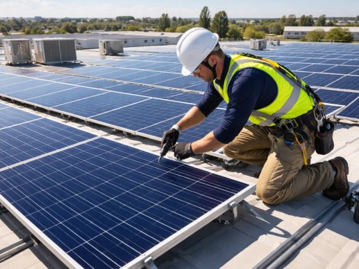Commercial solar installer working on rooftop project.