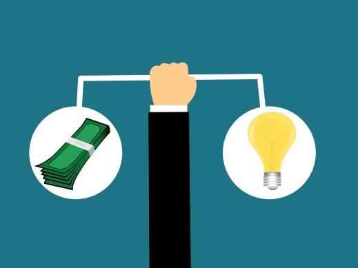 Scale in hand with money on left, light bulb on right